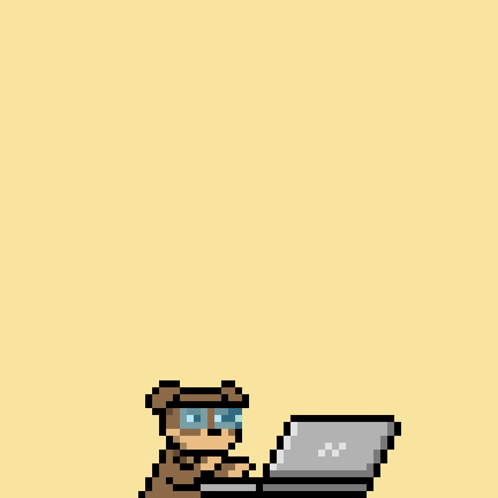 a pixel art drawing of a bear using a laptop computer