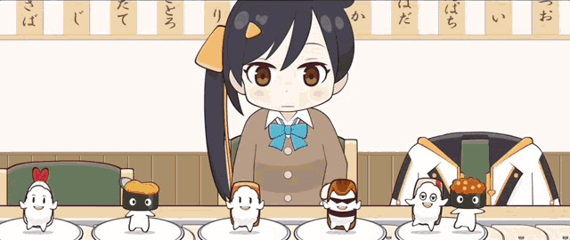 a girl in a school uniform sits at a table with a bunch of sushi on it