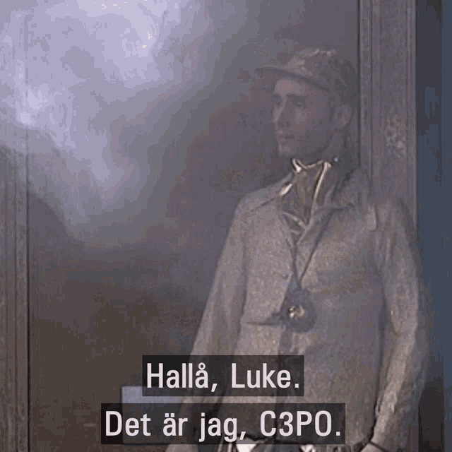 a man is standing in front of a door with smoke coming out of it and says halla luke det ar jag c3po