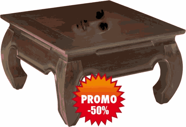 a wooden table with a promo -50 % sticker