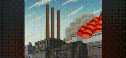 a cartoon illustration of a factory with smoke coming out of the chimneys
