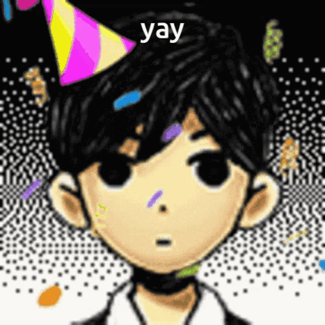 a cartoon boy wearing a party hat with the word yay on it