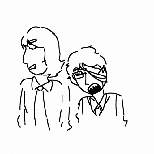 a black and white drawing of two people with their mouths open