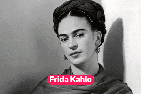 a black and white photo of frida kahlo with a red border