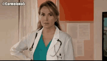 a woman in a lab coat with a stethoscope around her neck has the name carmelona5 on the bottom
