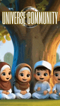 a group of children are sitting under a tree with the words universe community written on the bottom