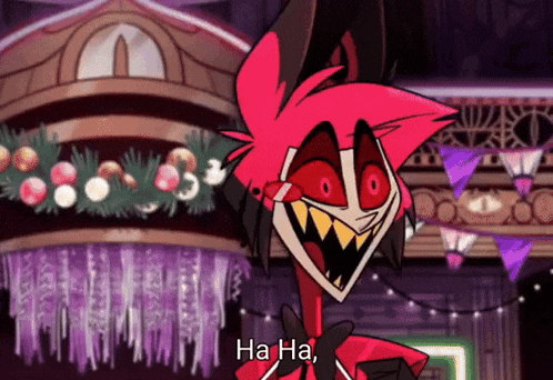 a cartoon character says ha ha in front of a decorated room