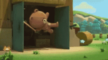 a cartoon teddy bear is jumping out of a building .