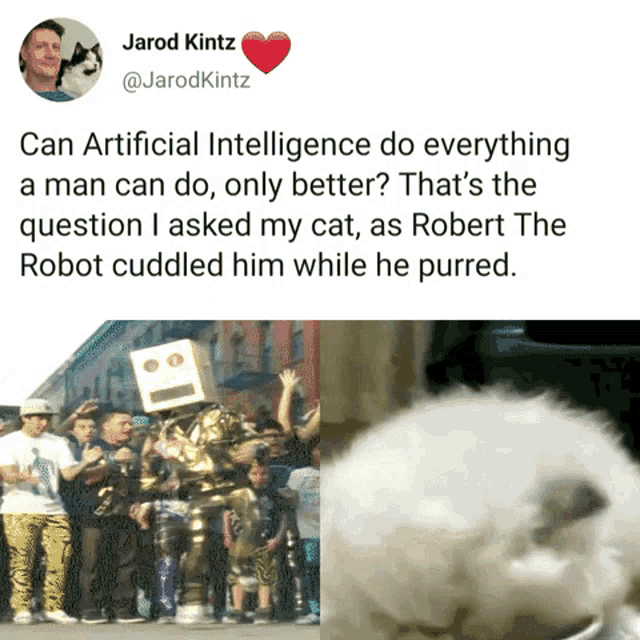 a tweet from jarod kitz shows a robot hugging a cat
