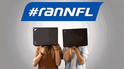 a man and a woman holding laptops in front of their faces in front of a banner that says #rannfl