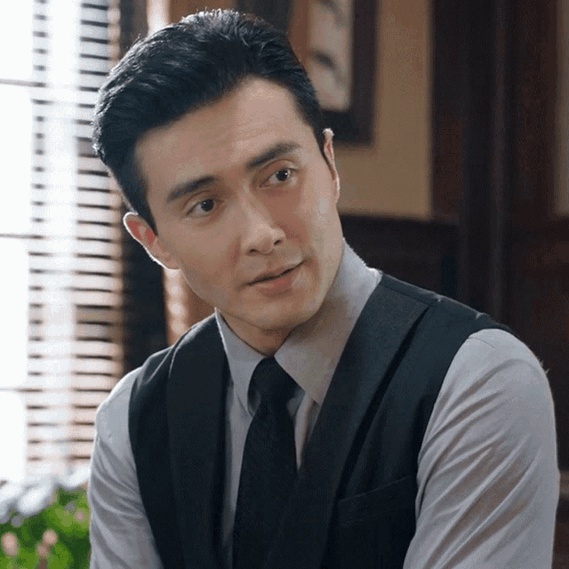 a man wearing a vest and tie looks to the side