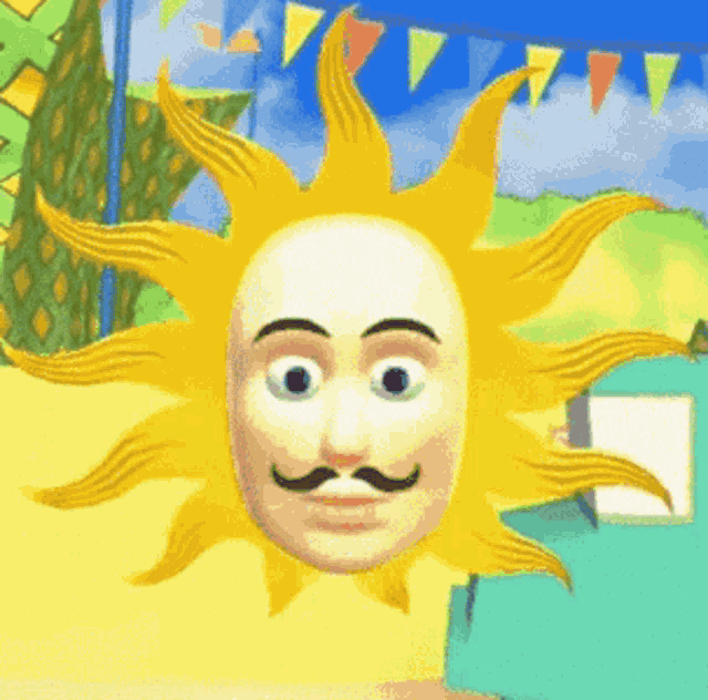 a cartoon sun with a mustache on his face