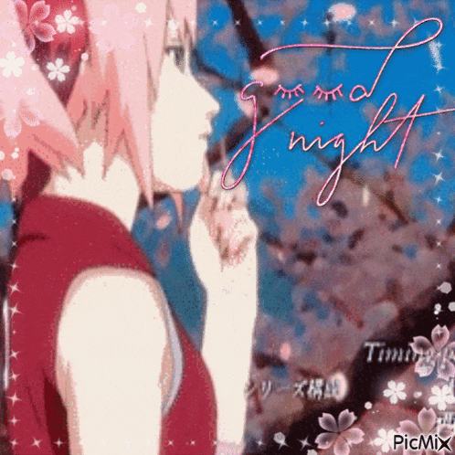 a picture of a girl with pink hair and the words good night written on it