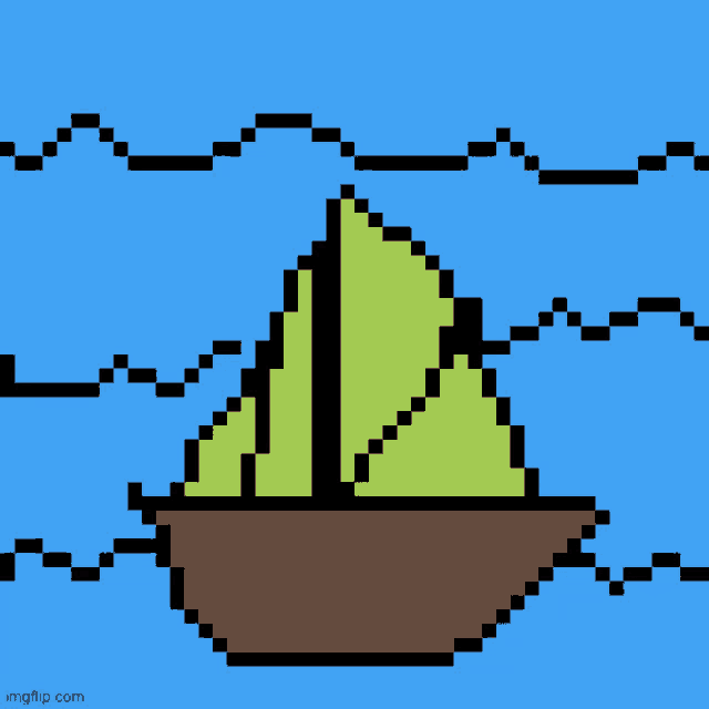a pixel art drawing of a boat with green sails on a yellow background