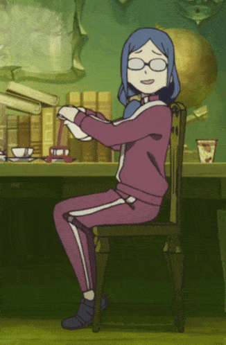 a girl with blue hair is sitting in a chair holding a cup of tea