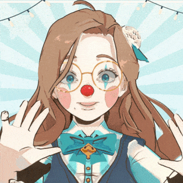 a girl with glasses and a red nose is wearing a clown costume