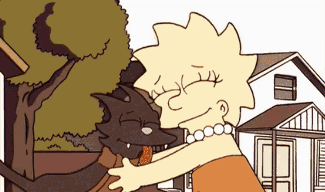 a cartoon drawing of lisa simpson hugging a dog