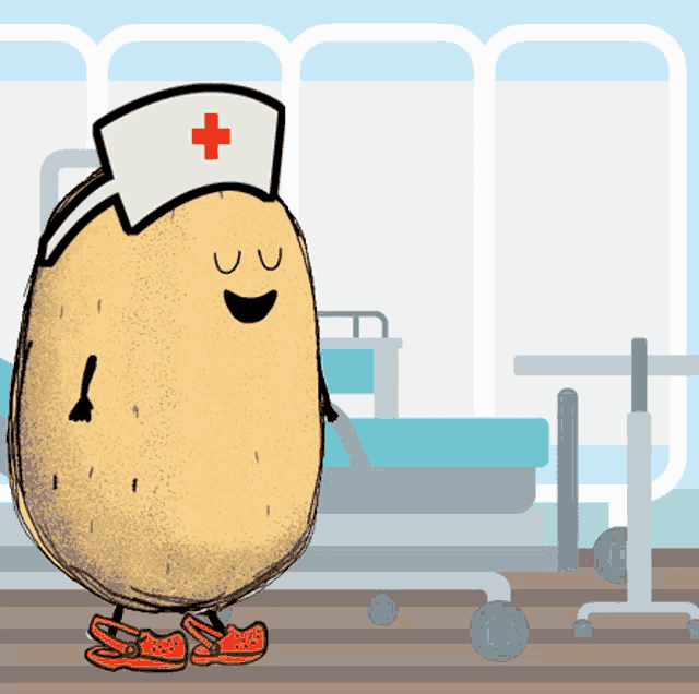 a cartoon drawing of a potato wearing a nurse 's hat