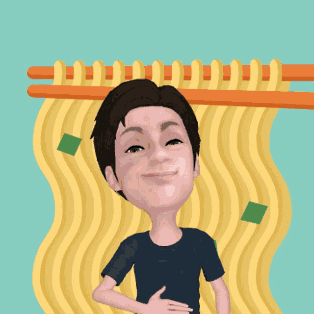 a cartoon of a man standing in front of noodles