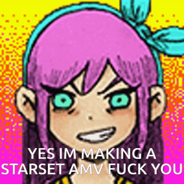 a cartoon girl with pink hair and blue eyes is smiling and making a starset amv fuck you .