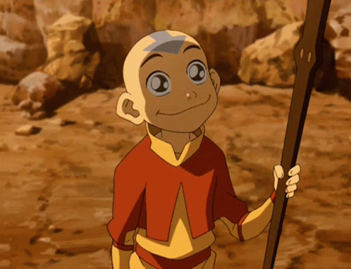 Aang, da série Avatar, com olhos grandes e piscando, implorando por algo.
