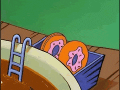 a cartoon of donuts in a pool with a ladder in the water