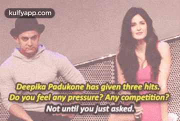 a man and a woman are standing next to each other with a caption that says deepika padukone has given three hits .