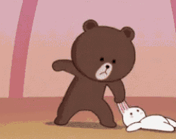 a brown bear is holding a white rabbit 's ear .