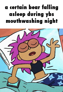 a cartoon of a girl laying in bed with the words " a certain bear falling asleep "