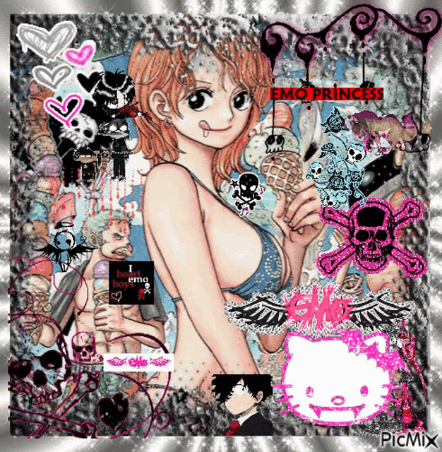 a picture of a girl in a bikini with the words emo princess on the bottom