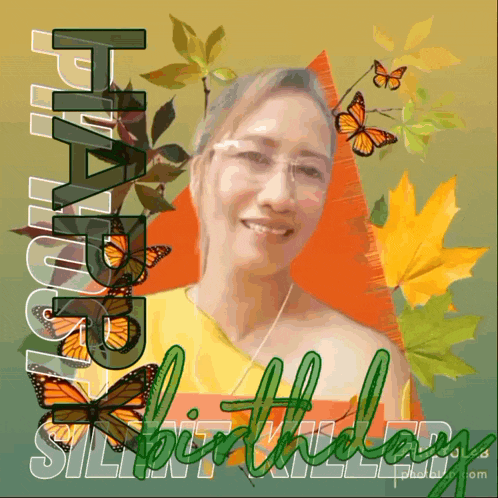 a picture of a woman with butterflies and the words happy birthday behind her
