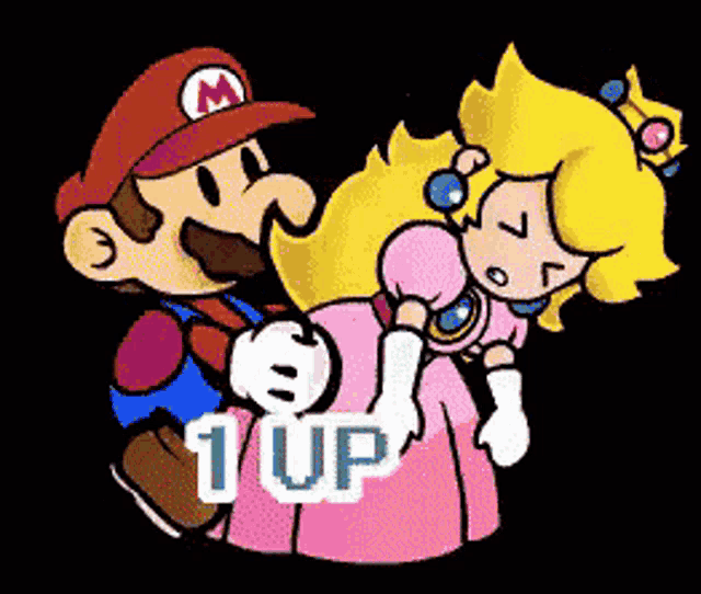 a cartoon of mario and princess peach with the words 1 up in the corner
