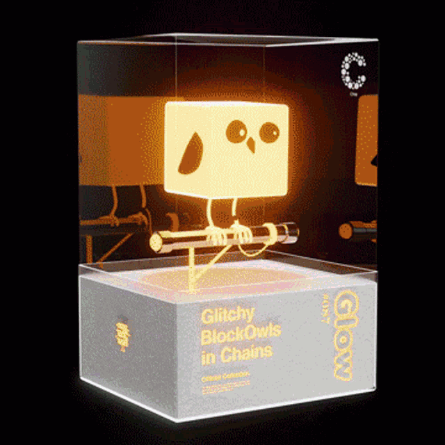 a box of glitchy blockowls in chains glowing in the dark
