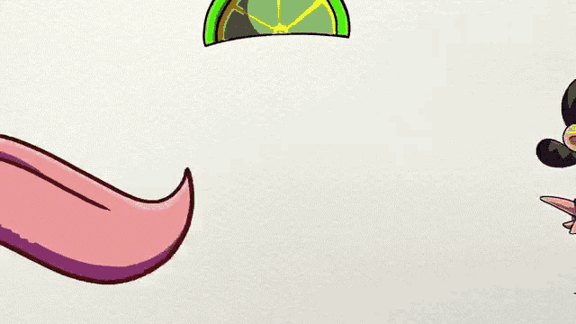 a cartoon drawing of a pink swirl and a green leaf
