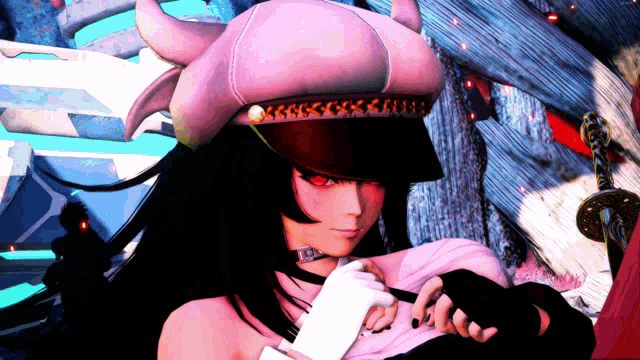 a girl with long black hair wearing a pink hat and gloves