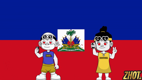 a boy and a girl are standing in front of a haitian flag
