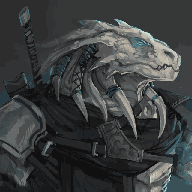 a drawing of a dragon with a sword and armor