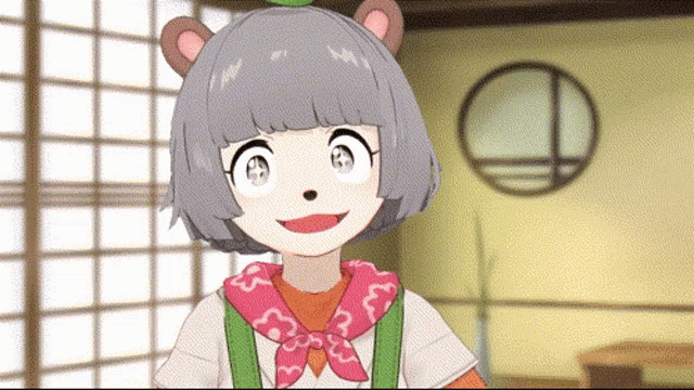 a cartoon girl with gray hair and a pink scarf on her neck