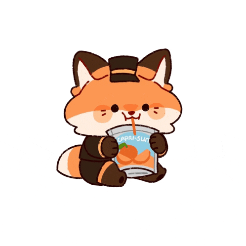 a cartoon fox is drinking a bag of orange juice