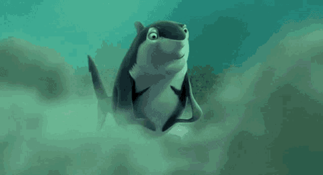 a cartoon shark is swimming in the ocean looking at the camera