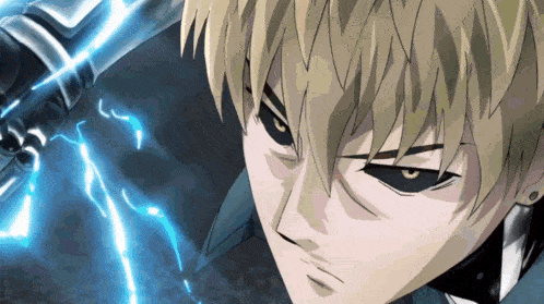 a close up of a person 's face with a blue lightning bolt behind him