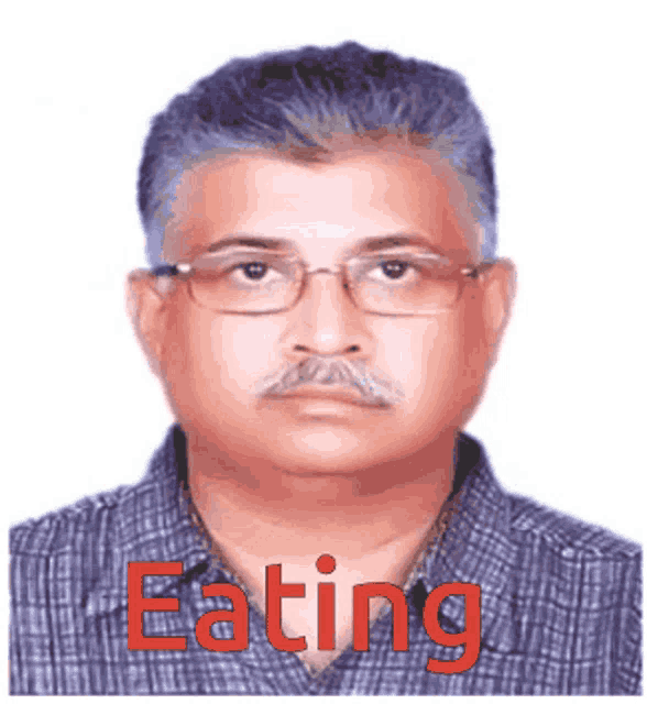 a man wearing glasses and a plaid shirt has the word eating on his face