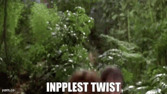 a man is walking through a lush green forest with the words `` inppliest twist '' written on the bottom .