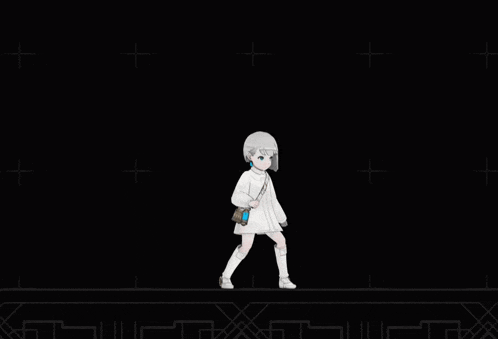 a cartoon girl in a white dress is walking in a dark room .