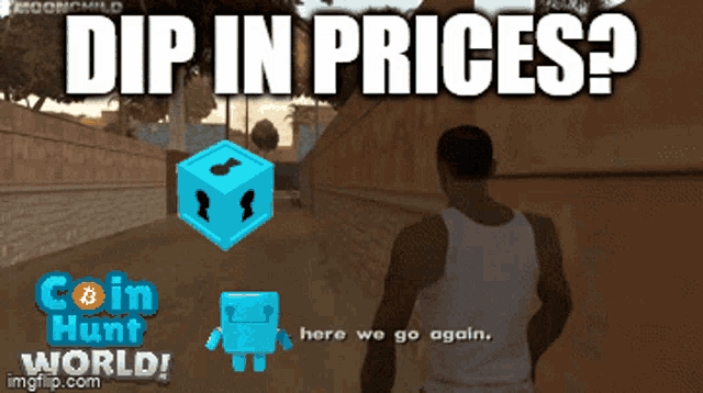 a man is walking down a street with the words dip in prices written above him