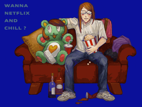 a cartoon of a man sitting on a couch with a teddy bear and the words wanna netflix and chill below him
