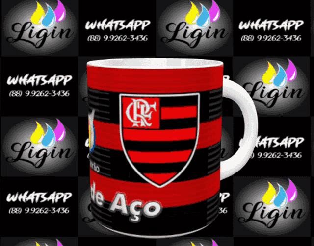 a mug with a flamingo logo and the word login