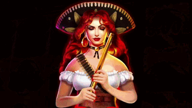 a woman with red hair wearing a sombrero holding a gun