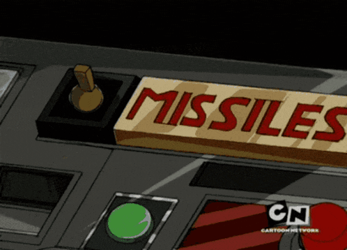 a sign that says " missiles " on it in red