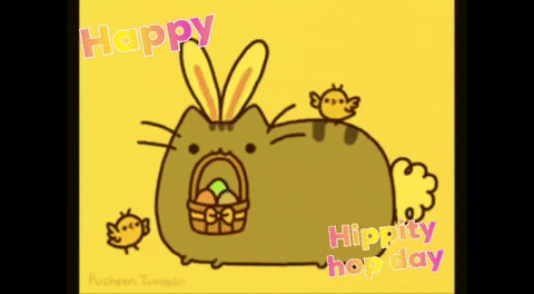 a cartoon of a cat with bunny ears and a basket of eggs